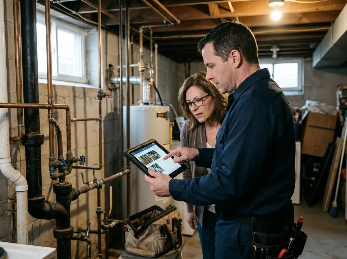 Kearny plumber reviewing a plumbing inspection on a tablet with a homeowner